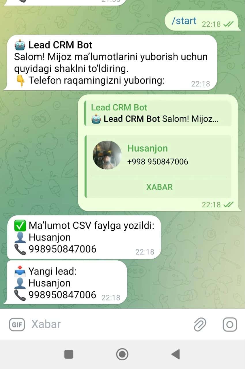Lead CRM Bot (aiogram v3) — Mijoz telefon raqamini yig‘uvchi Telegram bot 1