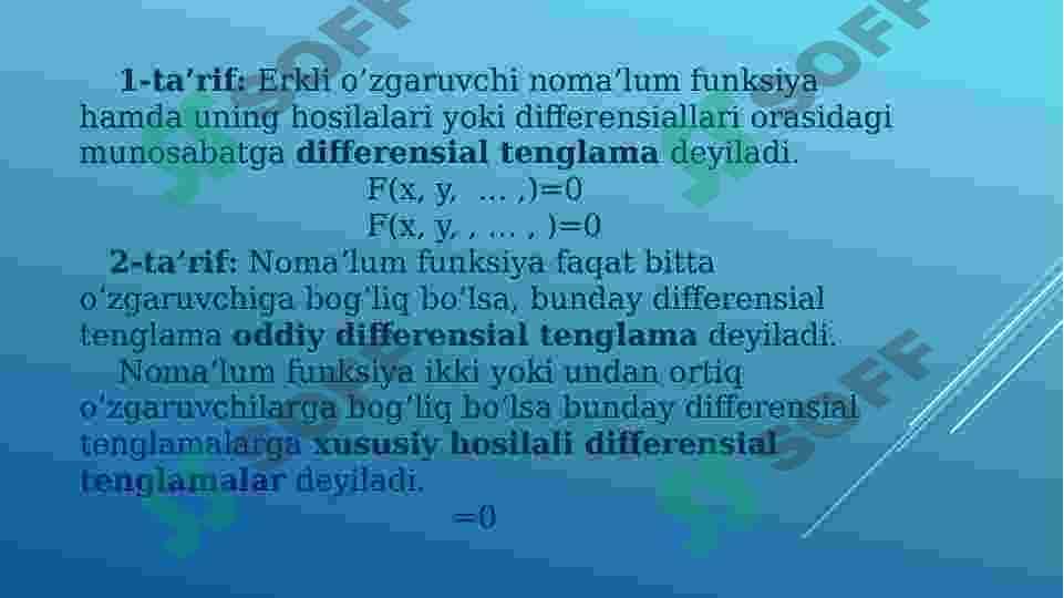 HOSILAGA NISBATAN YECHILGAN BIRINCHI TARTIBLI  ODDIY DIFFERENSIAL TENGLAMALAR. KOSHI MASALASI. 4