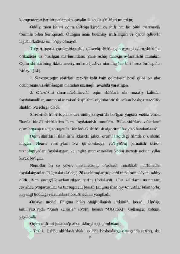 Dasturiy ko‘rinishda amalga oshirishga qulay oqimli shifrlash algoritmini ishlab chiqish 7