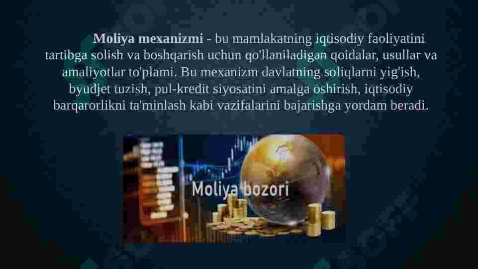 Moliya mexanizmi va uning tarkibiy qismlari, elementlari va moliyaviy siyosatni amalga oshirishdagi ro’li 3