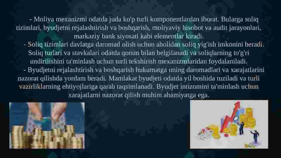 Moliya mexanizmi va uning tarkibiy qismlari, elementlari va moliyaviy siyosatni amalga oshirishdagi ro’li 4