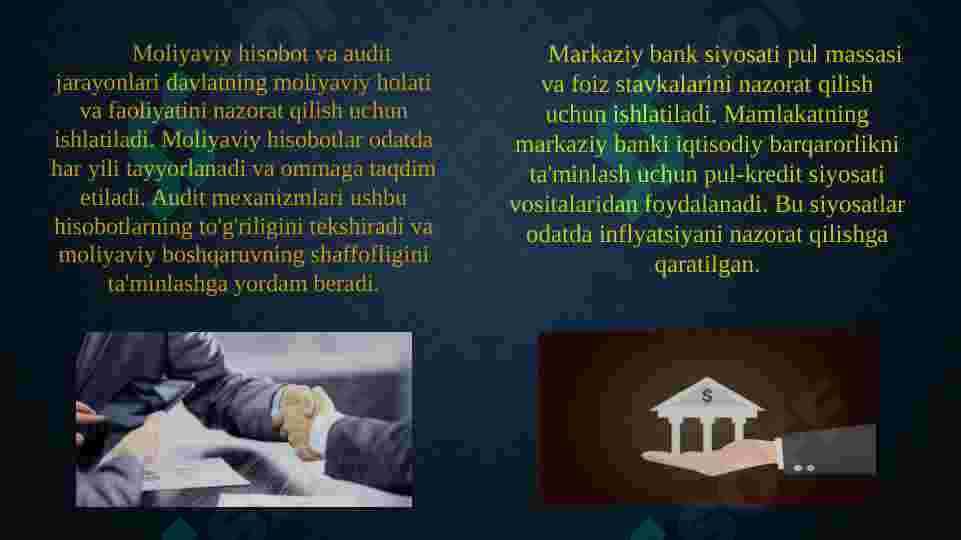 Moliya mexanizmi va uning tarkibiy qismlari, elementlari va moliyaviy siyosatni amalga oshirishdagi ro’li 5