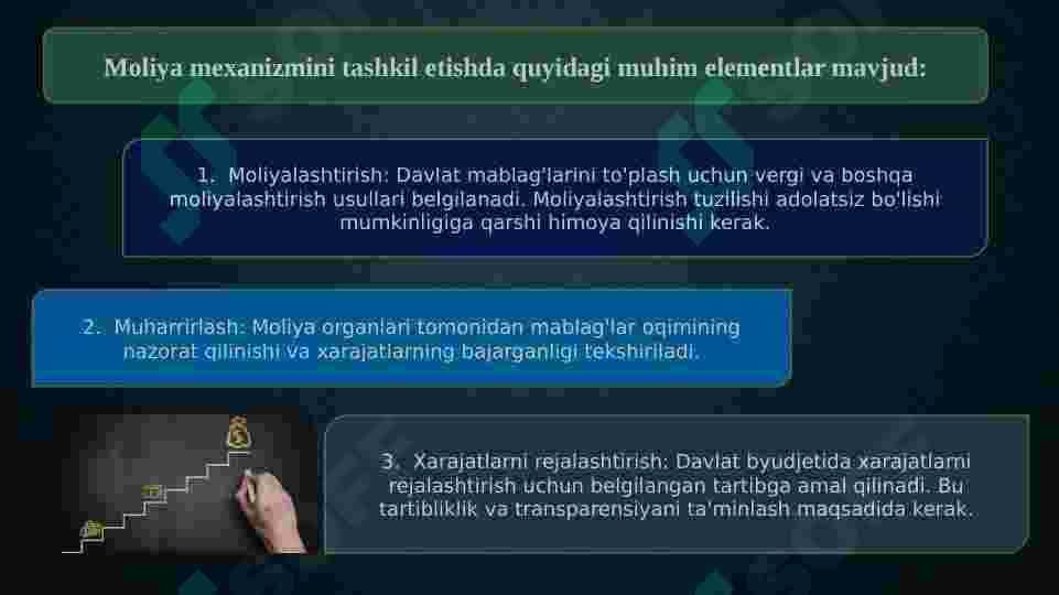 Moliya mexanizmi va uning tarkibiy qismlari, elementlari va moliyaviy siyosatni amalga oshirishdagi ro’li 6