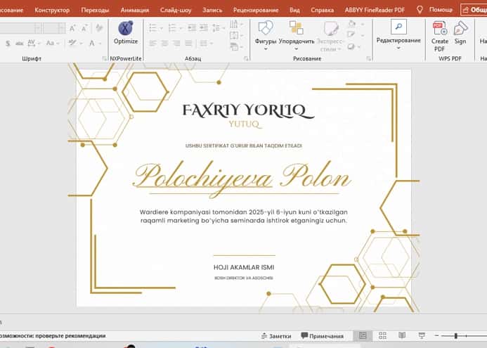 Faxriy yorliq shablon tayyori andoza 2