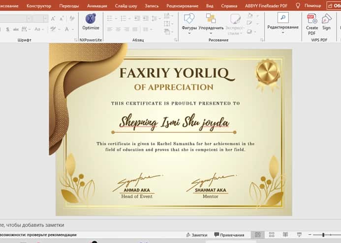 Faxriy yorliq shablon tayyori andoza 2