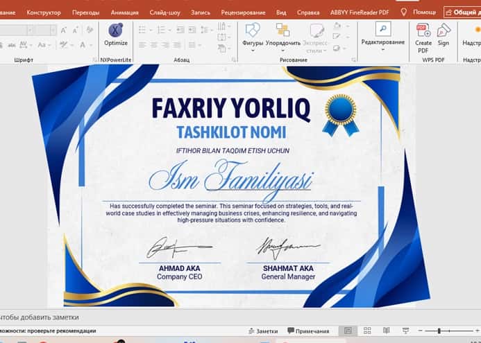 Faxriy yorliq shablon tayyori andoza 2