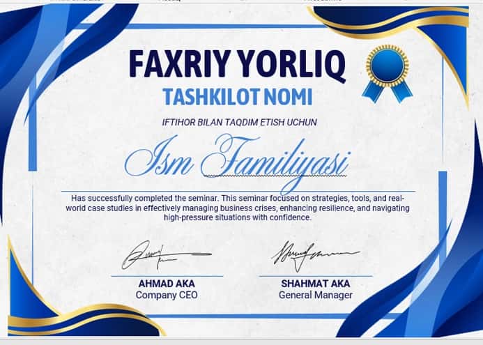 Faxriy yorliq shablon tayyori andoza 1