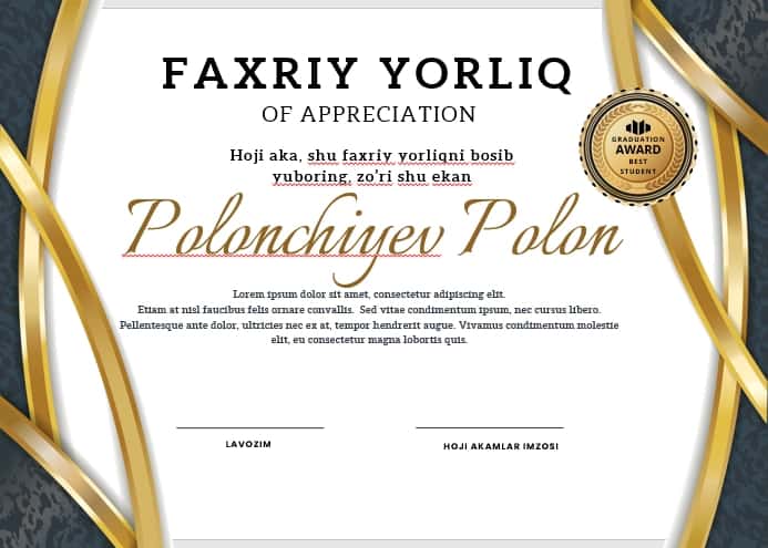 Faxriy yorliq shablon tayyori andoza 1