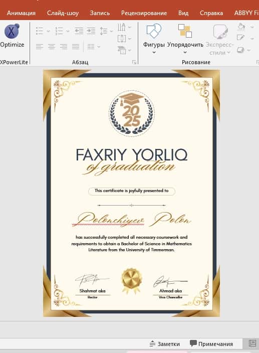 Faxriy yorliq shablon tayyori andoza 1