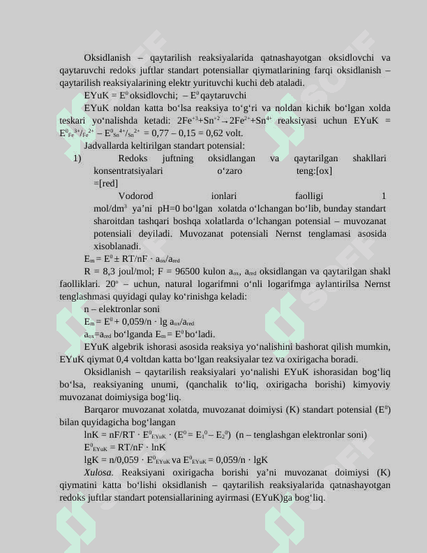 Oksidlanish – qaytarilish metodida qo`llaniladigan indikatorlar va indikatorlar xatoliklarining hisoblash 5