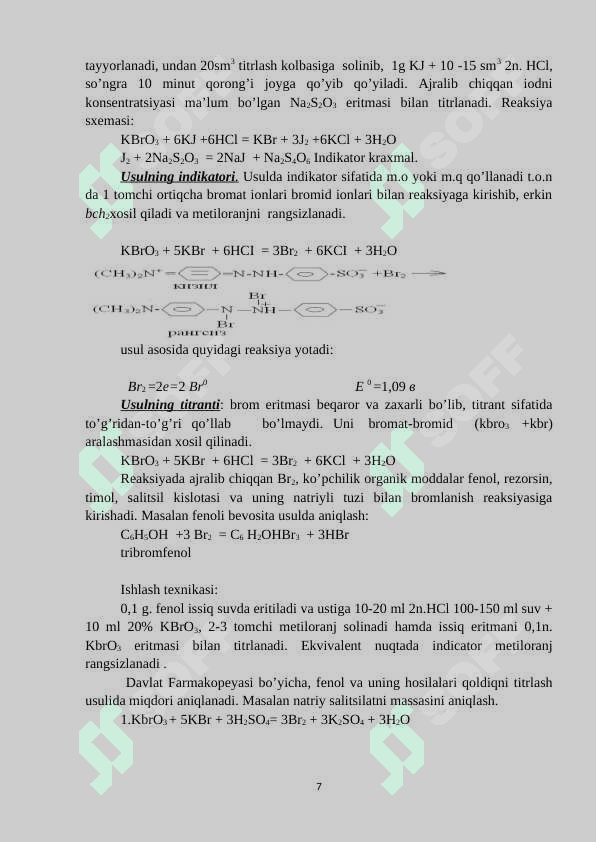 Bromatometriya, xloryodometriya, nitriometriya usullarini qo’llanishi 7