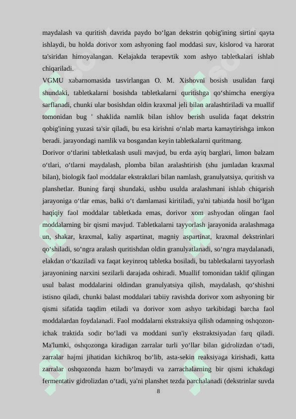 Tabletkalar tayyorlab qo`llaaniladigan dorivor o`simliklar va ularning texnologiyasi 8