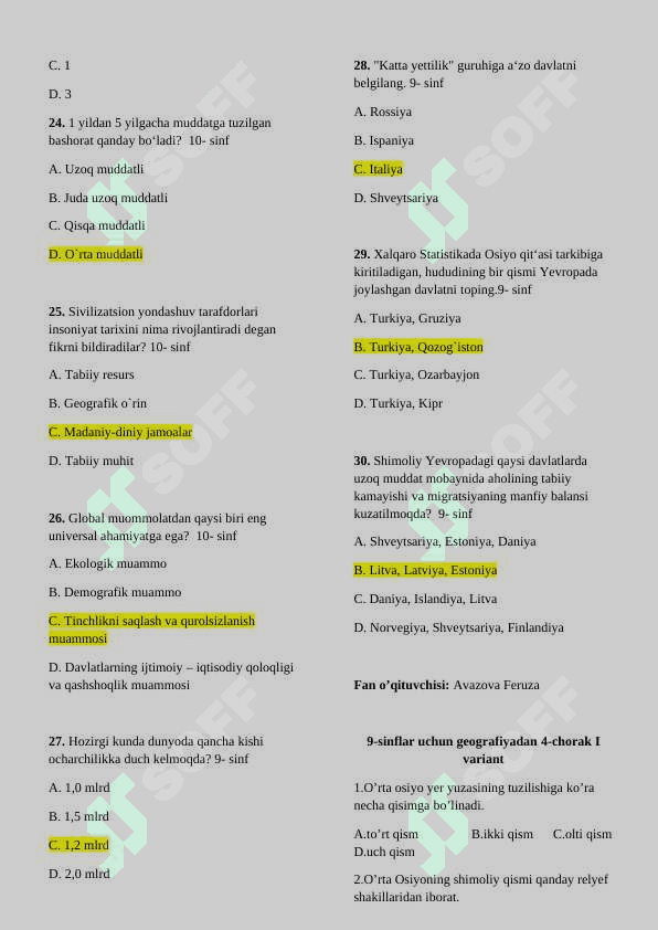 Geografiyadan test savollari 5