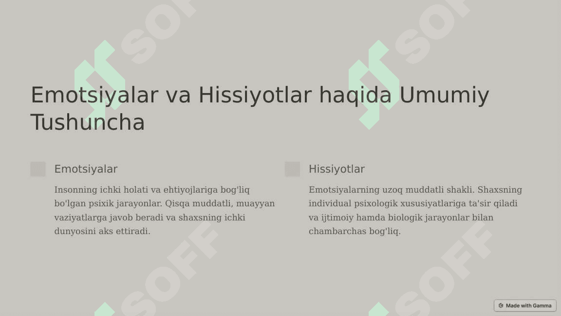 Emotsiya va hissiyot haqida tushuncha. Emotsiya psixologiyasining nazariy yondashuvlari. Emotsiyaning roli va funksiyalari. Har xil emotsiyalar va xislarning tavsifi. Emotsional holatlar. 2