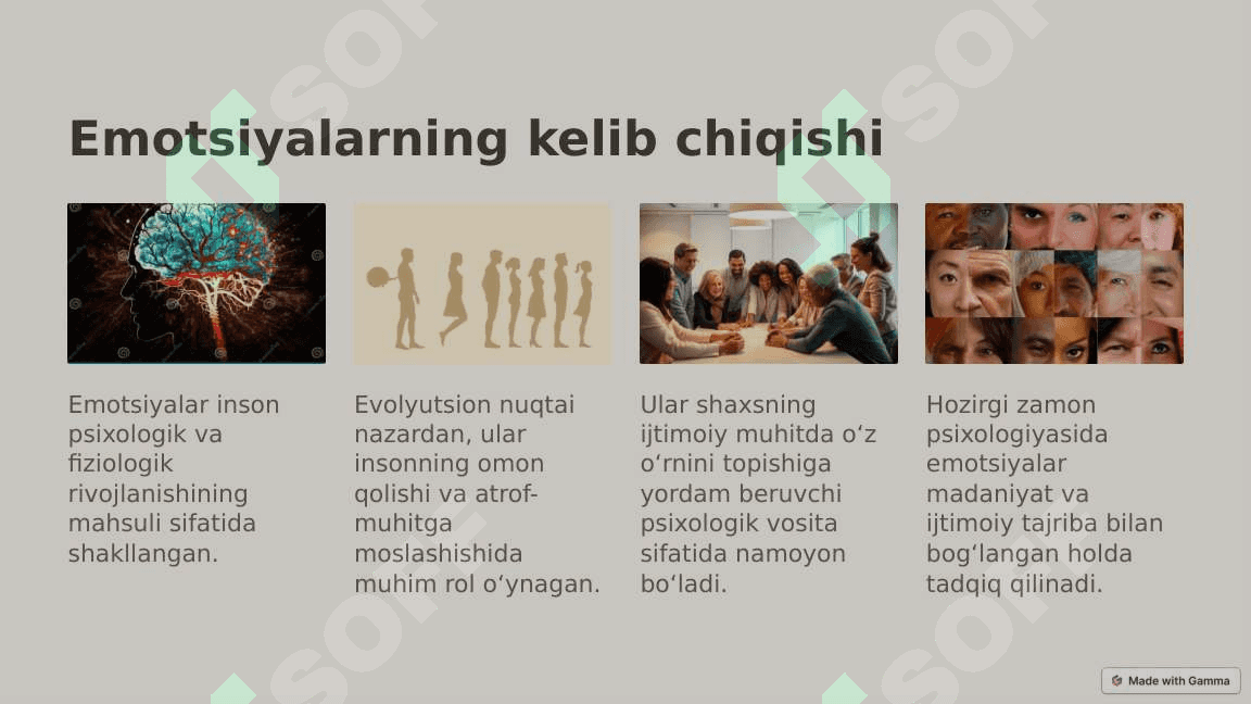 Emotsiya va hissiyot haqida tushuncha. Emotsiya psixologiyasining nazariy yondashuvlari. Emotsiyaning roli va funksiyalari. Har xil emotsiyalar va xislarning tavsifi. Emotsional holatlar. 3