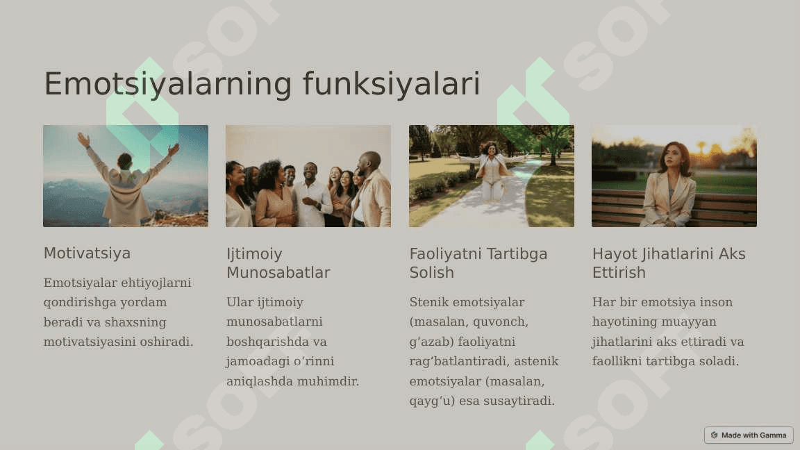 Emotsiya va hissiyot haqida tushuncha. Emotsiya psixologiyasining nazariy yondashuvlari. Emotsiyaning roli va funksiyalari. Har xil emotsiyalar va xislarning tavsifi. Emotsional holatlar. 5
