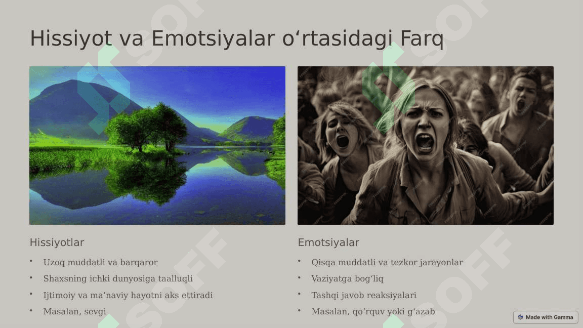 Emotsiya va hissiyot haqida tushuncha. Emotsiya psixologiyasining nazariy yondashuvlari. Emotsiyaning roli va funksiyalari. Har xil emotsiyalar va xislarning tavsifi. Emotsional holatlar. 7