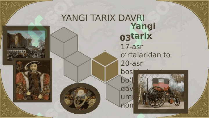 Buyuk Britaniya yangi davrda: tarixiy rivojlanishning asosiy voqealari va jarayonlari. Frantsiya yangi davrda: tarixiy rivojlanishning asosiy voqealari va jarayonlari. Germaniya yangi davrda: tarixiy rivojlanishning asosiy voqealari va jarayonlari. Avstriya (Gabsburglar) imperiyasi yangi davrda: tarixiy rivojlanishning asosiy voqealari va jarayonlari. 7