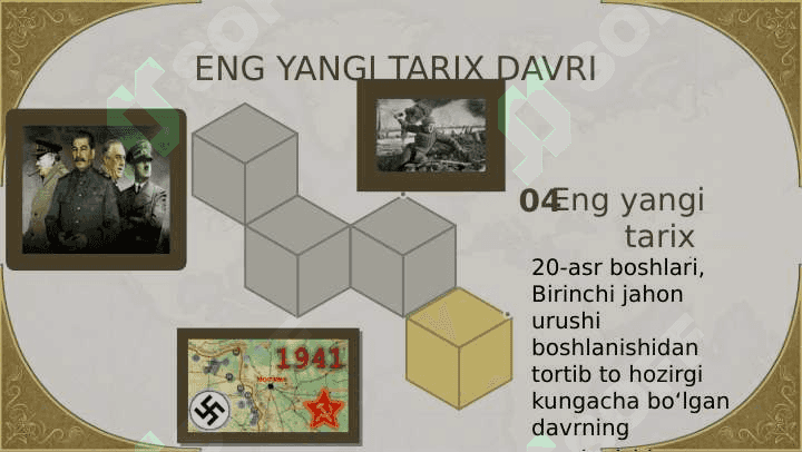 Buyuk Britaniya yangi davrda: tarixiy rivojlanishning asosiy voqealari va jarayonlari. Frantsiya yangi davrda: tarixiy rivojlanishning asosiy voqealari va jarayonlari. Germaniya yangi davrda: tarixiy rivojlanishning asosiy voqealari va jarayonlari. Avstriya (Gabsburglar) imperiyasi yangi davrda: tarixiy rivojlanishning asosiy voqealari va jarayonlari. 8