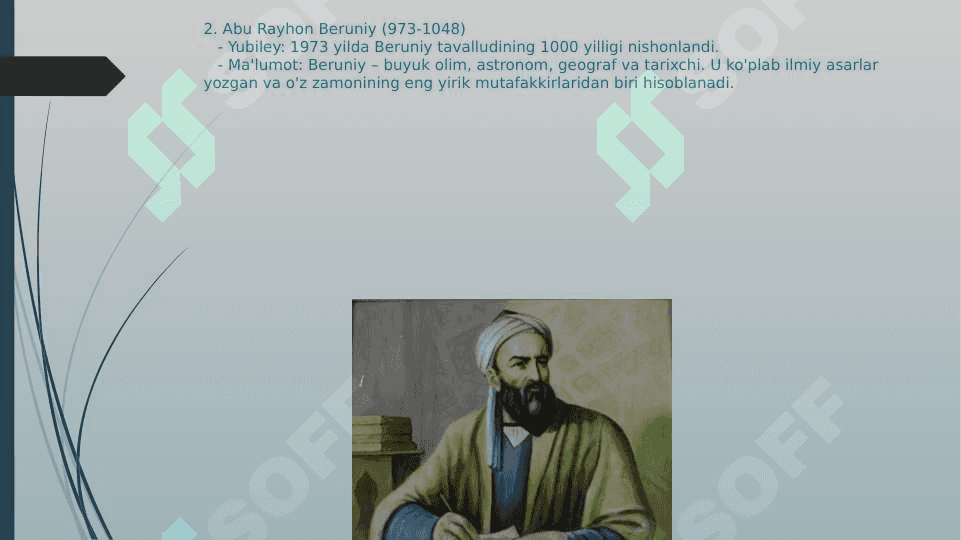 MUSTAQILLIK DAVRIDA O'ZBEKISTON RESPUBLIKASIDA YUBILEYLARI NISHONLANGAN O'RTA OSIYOLIK ALLOMALAR HAQIDA MA'LUMOT TAYYORLASH 4