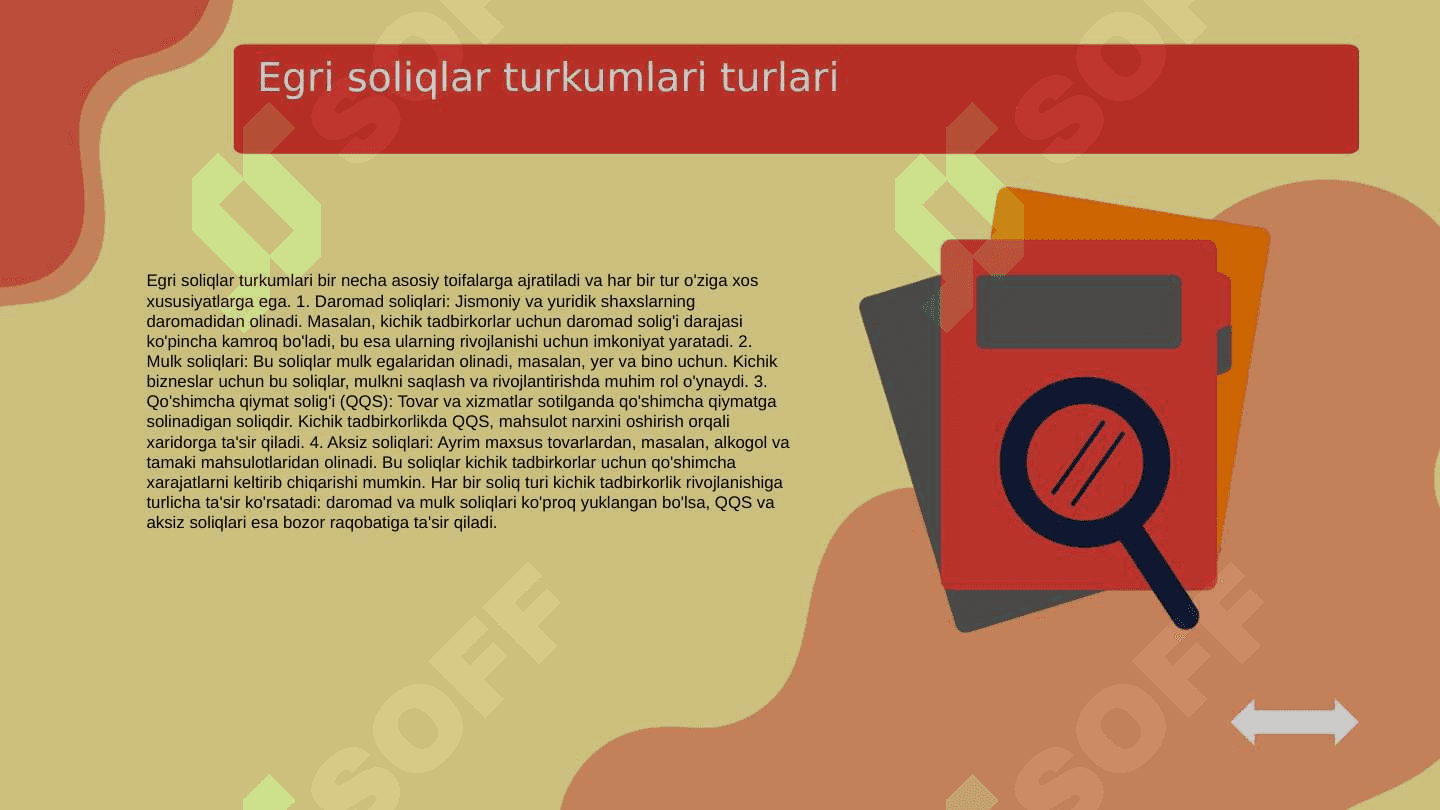 Egri soliqlar turkumlari va ularni kichik tadbirkorlik rivojlanishiga ta’siri. 4