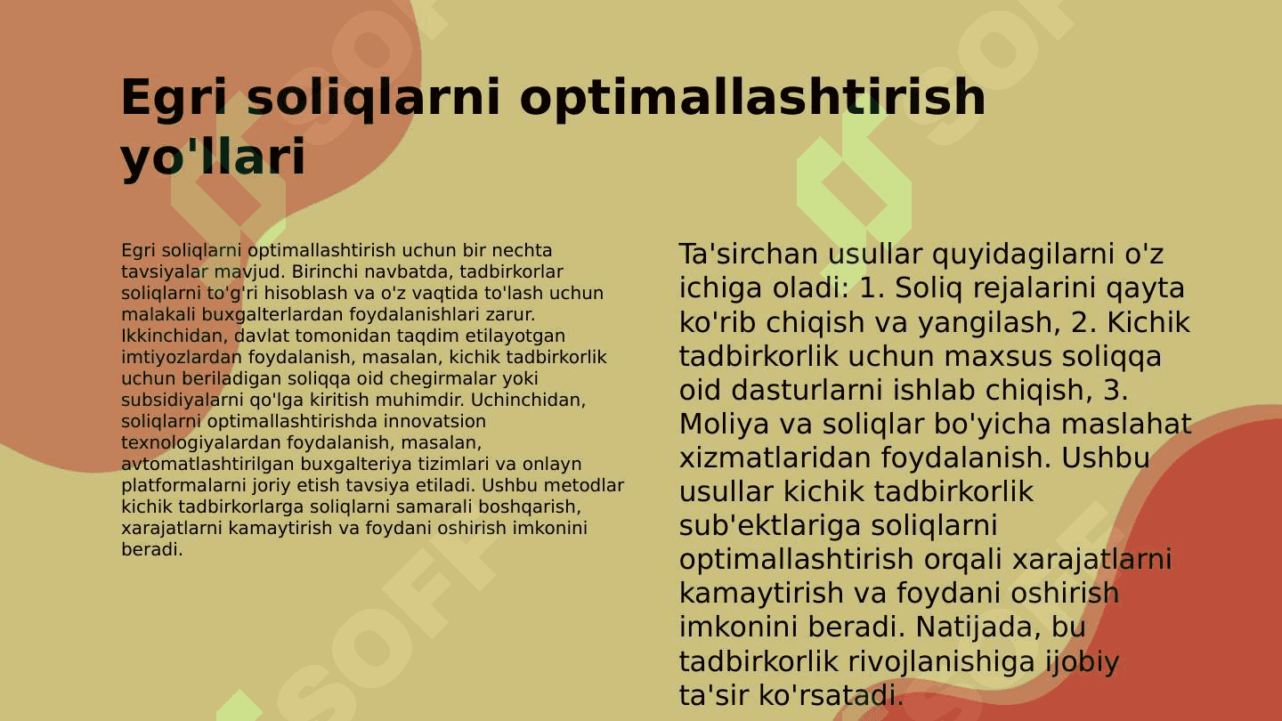 Egri soliqlar turkumlari va ularni kichik tadbirkorlik rivojlanishiga ta’siri. 7