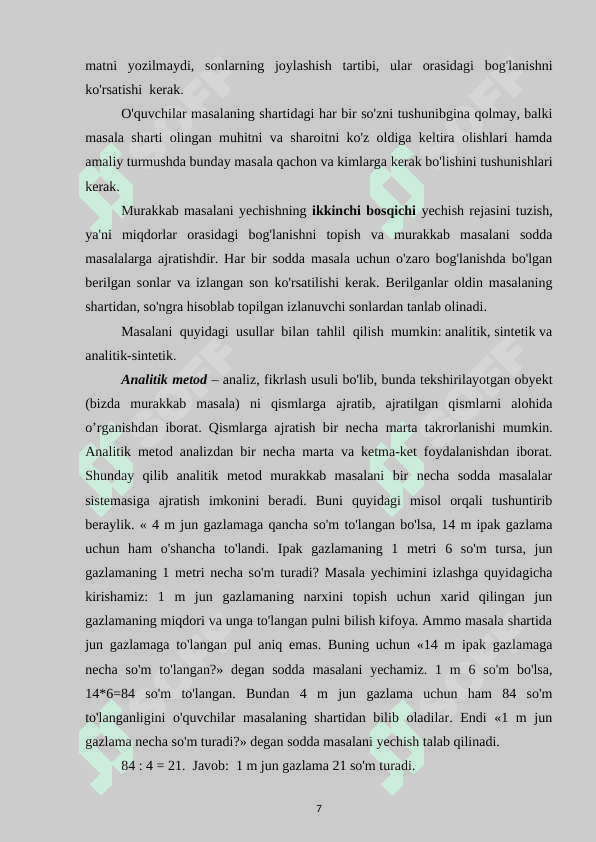 Birinchi sinfda matematikadan murakkab masala va ularni o’rganish 7