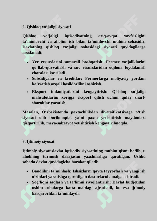 Turli sohalar bo’yicha davlatning iqtisodiy siyosati essey 2
