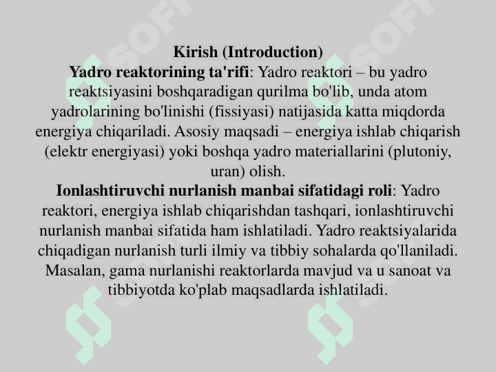 Yadro reaktorlari ionlashtiruvchi nurlanish manbai sifatida 2
