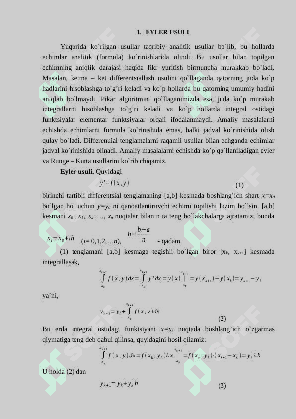 Oddiy differansial tenglamalar uchun qo‘yilgan koshi masalasini Eyler Runge gutta va umjmlashgan Eyler usuli bn yechish 2