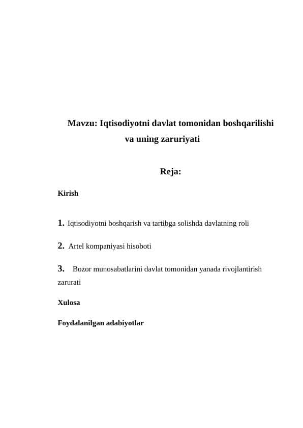 Iqtisodiyotni davlat tomonidan boshqarilishi va uning zaruriyati 1