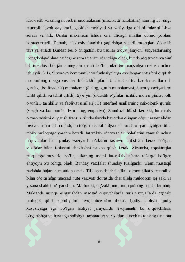 Umumta’lim maktabi o’quvchilarining diskurs kompetentsiyasini rovojlantirishda ta’lim texnologiyalarning ahamiyati. (a2 darajadagi o’quvchilar misolida) 8