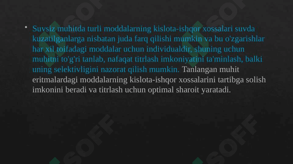 Suvsiz muhitda kislota-asosli titrlash. Usul tavsifi.Erituvchilar tasnifi. Usul titranti. 3