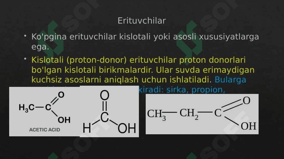 Suvsiz muhitda kislota-asosli titrlash. Usul tavsifi.Erituvchilar tasnifi. Usul titranti. 4