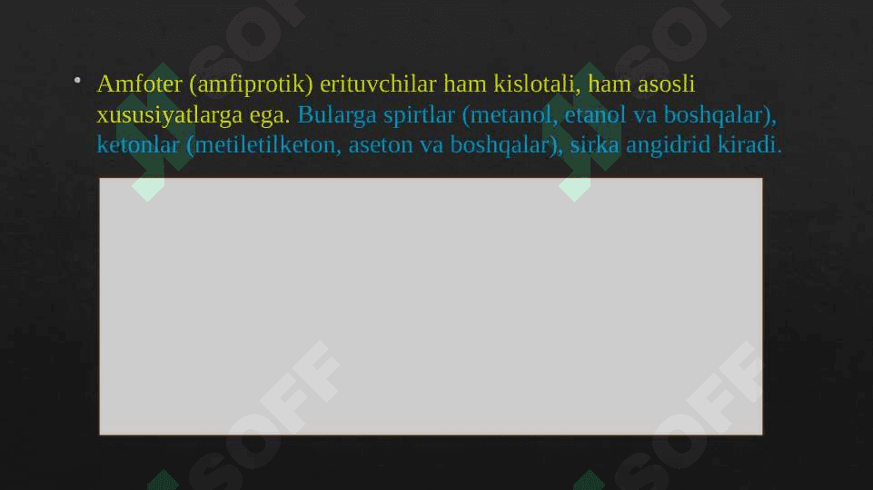 Suvsiz muhitda kislota-asosli titrlash. Usul tavsifi.Erituvchilar tasnifi. Usul titranti. 6
