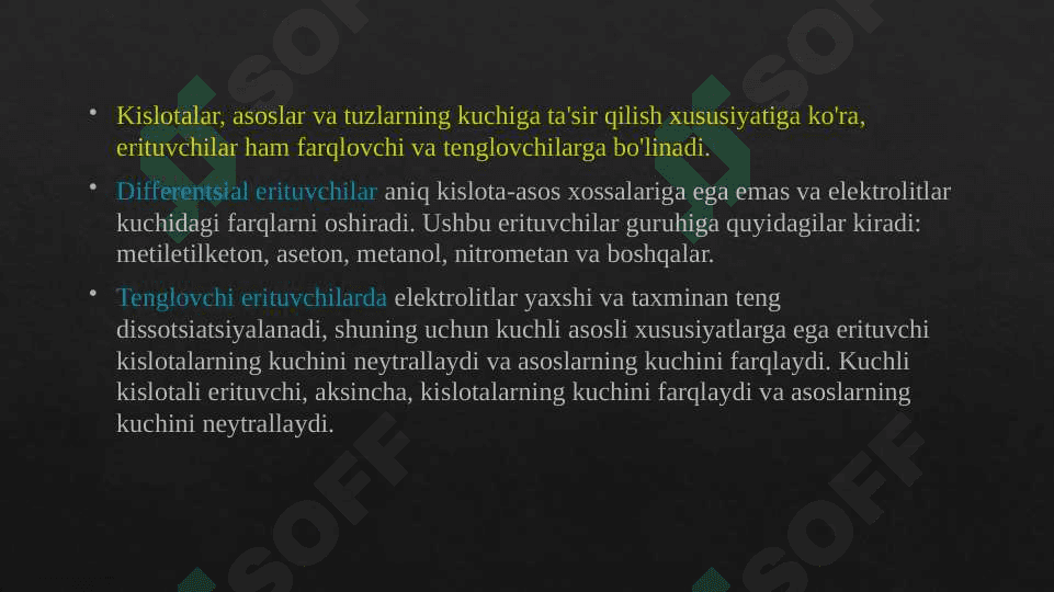Suvsiz muhitda kislota-asosli titrlash. Usul tavsifi.Erituvchilar tasnifi. Usul titranti. 7