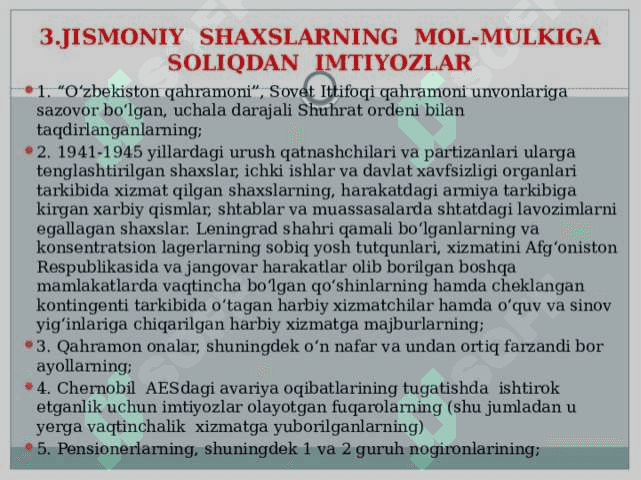 Jismoniy shaxslar mol-mulkiga solinadigan soliqning o‘ziga xos xususiyatlari. 4