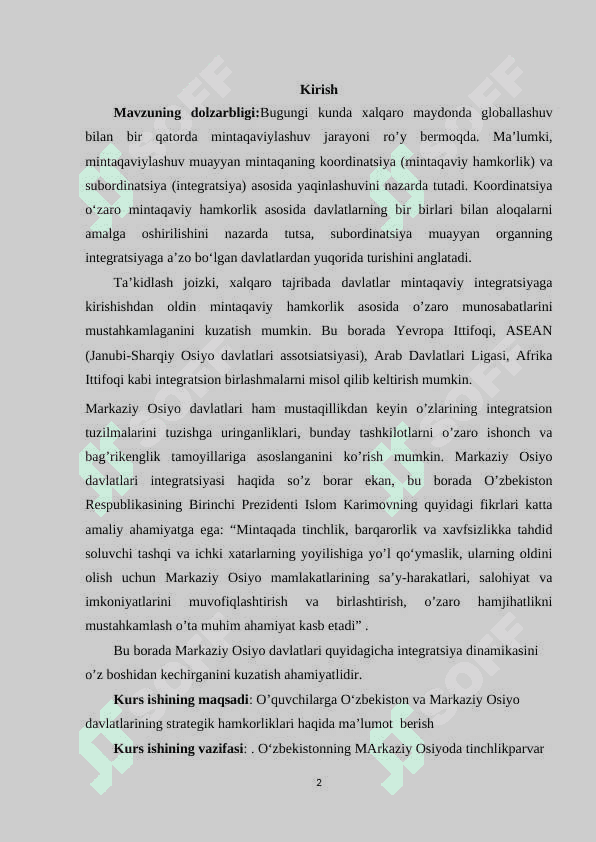 O‘ZBEKISTONNING MARKAZIY OSIYO DAVLATLARI BILAN O‘ZARO HAMKORLIGI 2