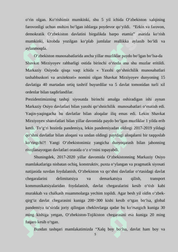 O‘ZBEKISTONNING MARKAZIY OSIYO DAVLATLARI BILAN O‘ZARO HAMKORLIGI 5