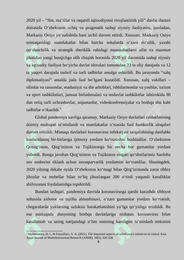 O‘ZBEKISTONNING MARKAZIY OSIYO DAVLATLARI BILAN O‘ZARO HAMKORLIGI 8