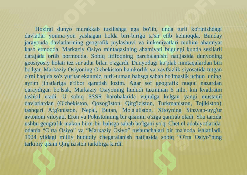 O'ZBEKISTONNING GEOSIYOSIY O'RNI 2