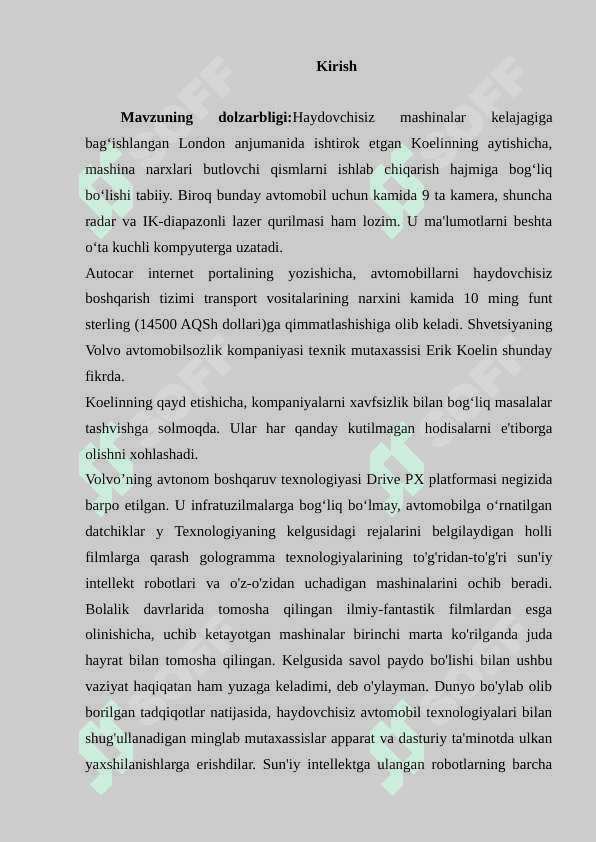 O'zini o'zi boshqaradigan transport vositalarini konstruksiyalash va modellashtirish 2