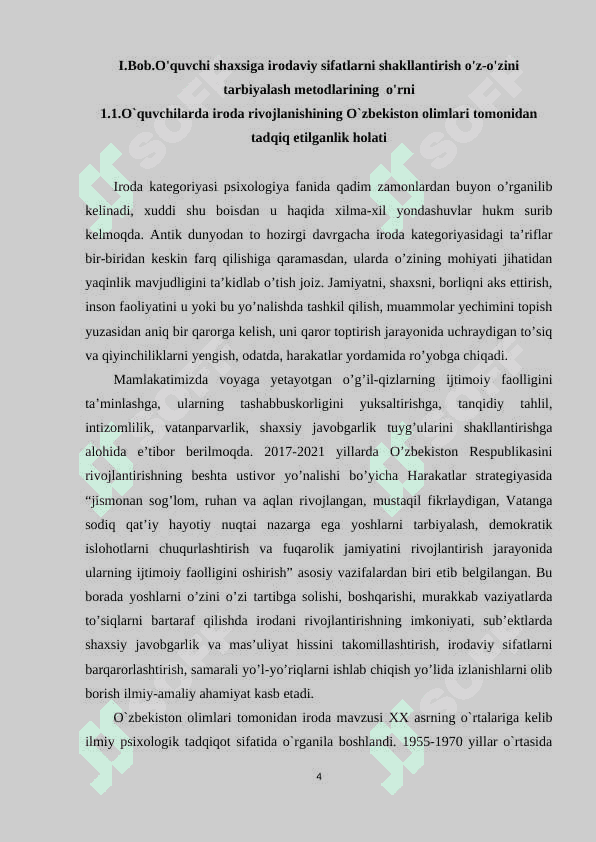 O'quvchi shaxsiga irodaviy sifatlarni shakllantirish o'z-o'zini tarbiyalash metodlarining  o'rni 4