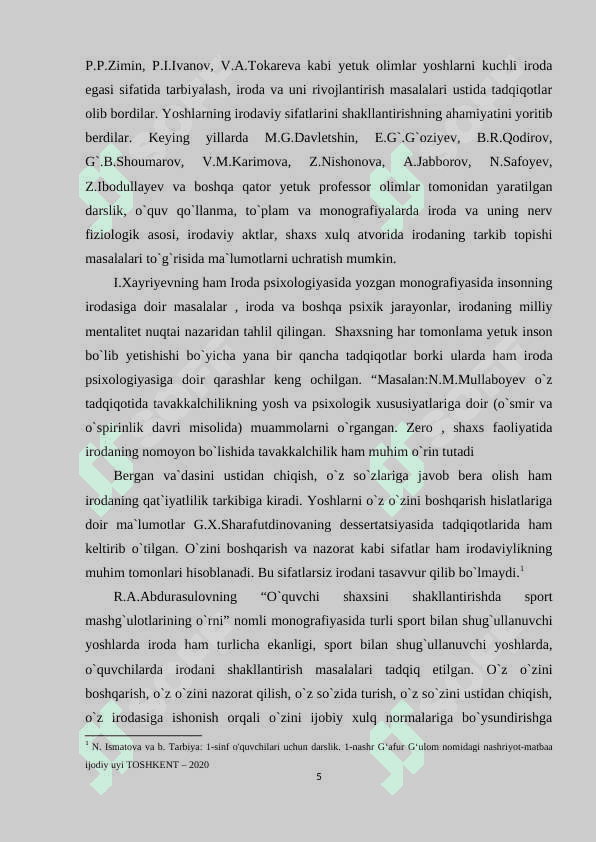 O'quvchi shaxsiga irodaviy sifatlarni shakllantirish o'z-o'zini tarbiyalash metodlarining  o'rni 5