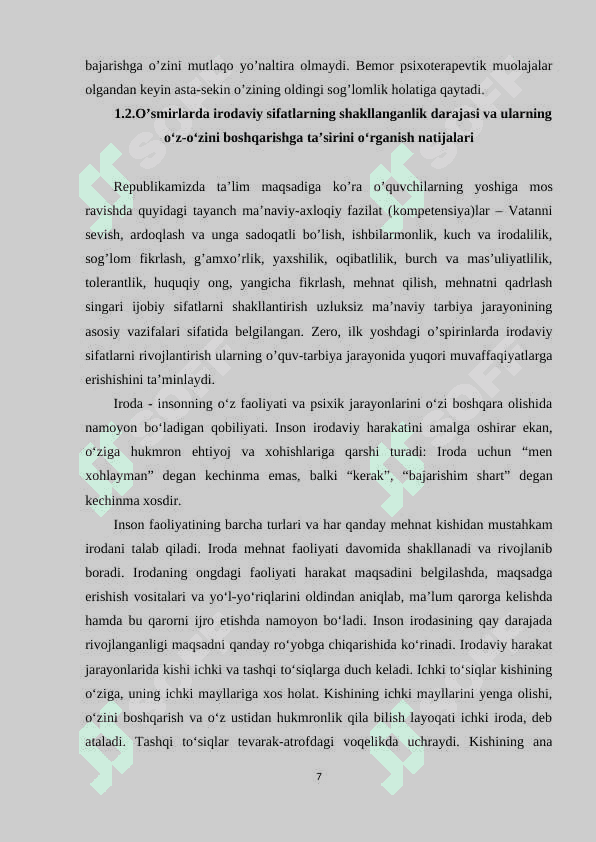 O'quvchi shaxsiga irodaviy sifatlarni shakllantirish o'z-o'zini tarbiyalash metodlarining  o'rni 7