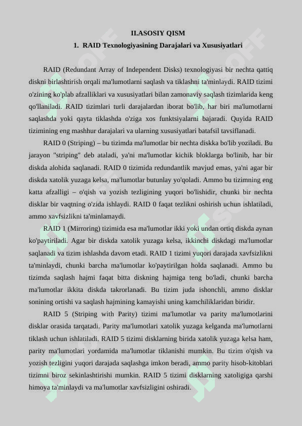 RAID(Reduntdant Array of Independent Disk) va uning ma'lumotlarni saqlashdagi roli 4