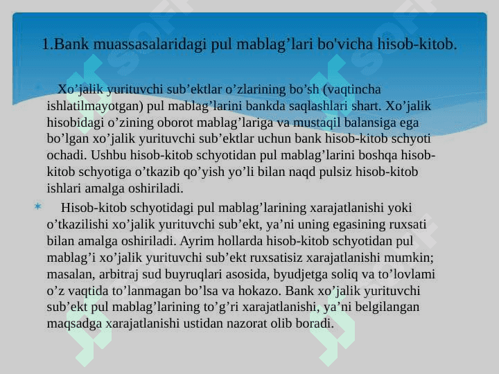 Bankdagi hisob-kitob schetidagi pul mablaglari hisobi 5