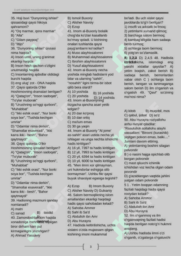 Yangi 5- sinf adabiyoti boʻyicha test javobi bilan 3