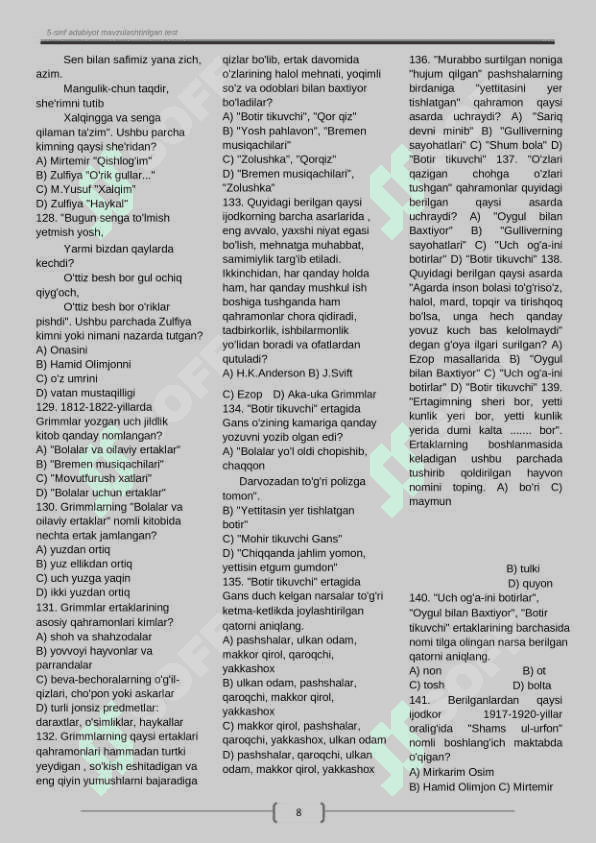 Yangi 5- sinf adabiyoti boʻyicha test javobi bilan 8