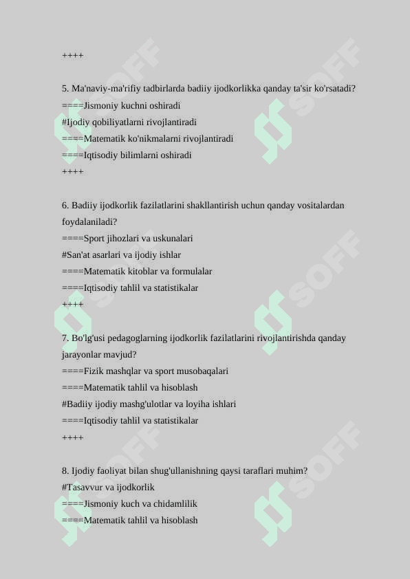 badiy pedagogika 200 ta test savollari va javoblari 2